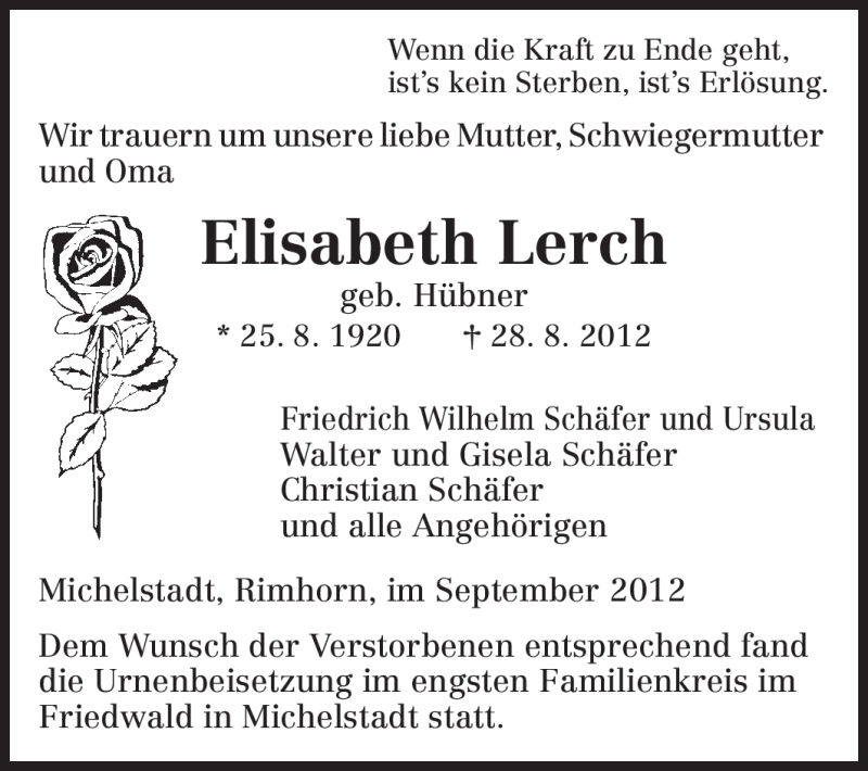  Traueranzeige für Elisabeth Lerch vom 07.09.2012 aus Odenwälder Echo