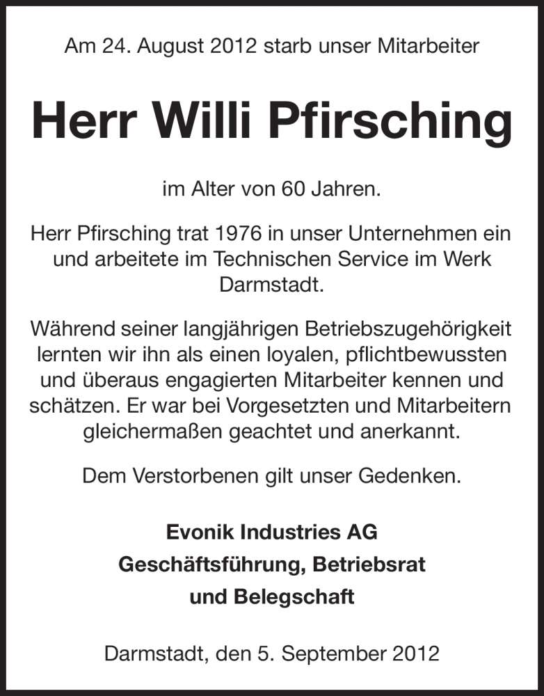  Traueranzeige für Willi Pfirsching vom 08.09.2012 aus Echo-Zeitungen (Gesamtausgabe)