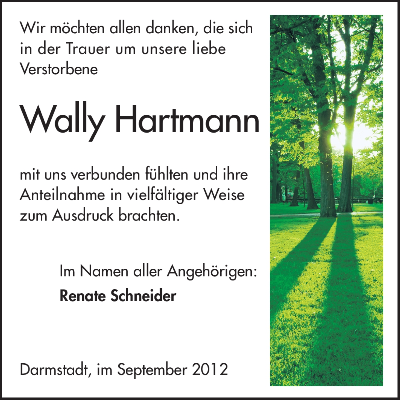  Traueranzeige für Wally Hartmann vom 08.09.2012 aus Echo-Zeitungen (Gesamtausgabe)