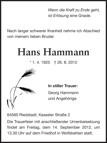 Traueranzeige von Hans Hammann von Rüsselsheimer Echo, Groß-Gerauer-Echo, Ried Echo