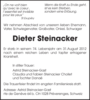 Traueranzeige von Dieter Steinacker von Echo-Zeitungen (Gesamtausgabe)