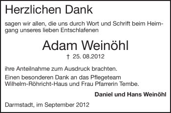 Traueranzeige von Adam Weinöhl von Darmstädter Echo, Odenwälder Echo, Rüsselsheimer Echo, Groß-Gerauer-Echo, Ried Echo