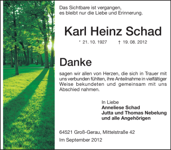 Traueranzeige von Karl Heinz Schad von Rüsselsheimer Echo, Groß-Gerauer-Echo, Ried Echo