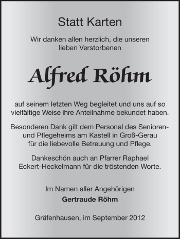 Traueranzeige von Alfred Röhm von Echo-Zeitungen (Gesamtausgabe)