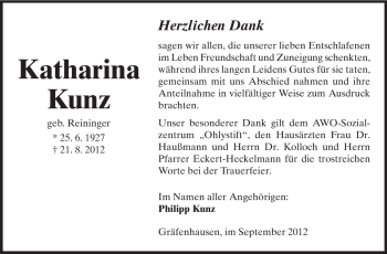 Traueranzeige von Katharina Kunz von Echo-Zeitungen (Gesamtausgabe)