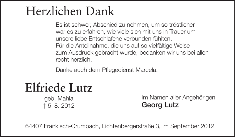  Traueranzeige für Elfriede Lutz vom 08.09.2012 aus Odenwälder Echo