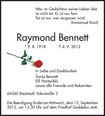 Traueranzeige von Raymond Bennett von Echo-Zeitungen (Gesamtausgabe)