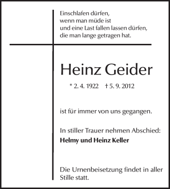 Traueranzeige von Heinz Geider von Echo-Zeitungen (Gesamtausgabe)