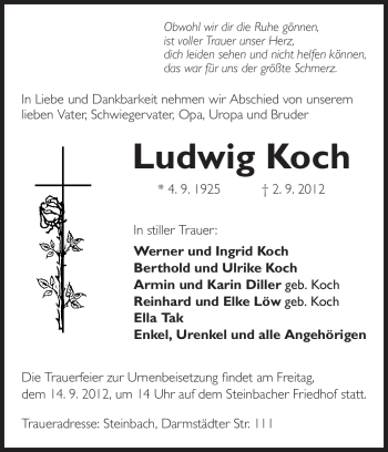 Traueranzeige von Ludwig Koch von Odenwälder Echo