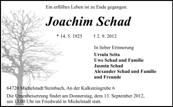 Traueranzeige von Joachim Schad von Odenwälder Echo