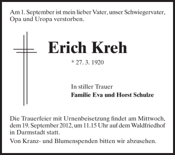 Traueranzeige von Erich Kreh von Darmstädter Echo, Odenwälder Echo, Rüsselsheimer Echo, Groß-Gerauer-Echo, Ried Echo