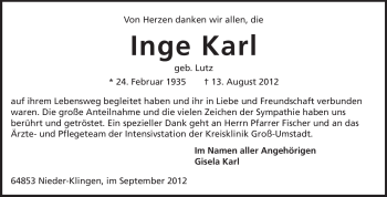 Traueranzeige von Inge Karl von Echo-Zeitungen (Gesamtausgabe)