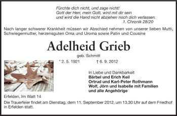 Traueranzeige von Adelheid Grieb von Rüsselsheimer Echo, Groß-Gerauer-Echo, Ried Echo