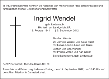 Traueranzeige von Ingrid Wendel von Darmstädter Echo, Odenwälder Echo, Rüsselsheimer Echo, Groß-Gerauer-Echo, Ried Echo