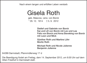 Traueranzeige von Gisela Roth von Darmstädter Echo, Odenwälder Echo, Rüsselsheimer Echo, Groß-Gerauer-Echo, Ried Echo