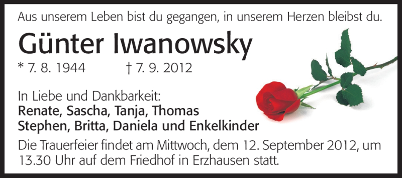  Traueranzeige für Günter Iwanowsky vom 08.09.2012 aus Echo-Zeitungen (Gesamtausgabe)