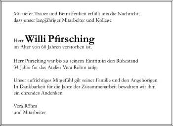 Traueranzeige von Willi Pfirsching von Echo-Zeitungen (Gesamtausgabe)