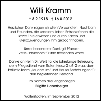Traueranzeige von Willi Kramm von Rüsselsheimer Echo, Groß-Gerauer-Echo, Ried Echo