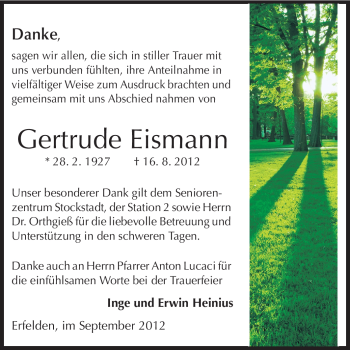 Traueranzeige von Gertrude Eismann von Rüsselsheimer Echo, Groß-Gerauer-Echo, Ried Echo