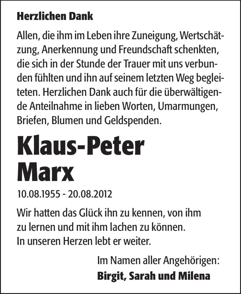  Traueranzeige für Klaus-Peter Marx vom 15.09.2012 aus Echo-Zeitungen (Gesamtausgabe)