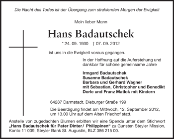 Traueranzeige von Hans Badautschek von Echo-Zeitungen (Gesamtausgabe)