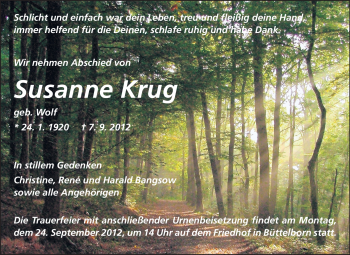 Traueranzeige von Susanne Krug von Rüsselsheimer Echo, Groß-Gerauer-Echo, Ried Echo