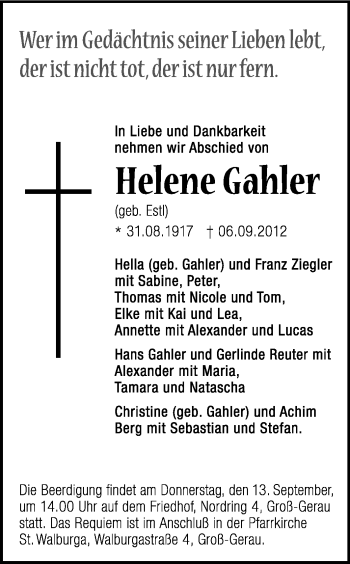Traueranzeige von Helene Gahler von Rüsselsheimer Echo, Groß-Gerauer-Echo, Ried Echo