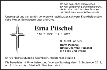 Traueranzeige von Erna Püschel von Odenwälder Echo