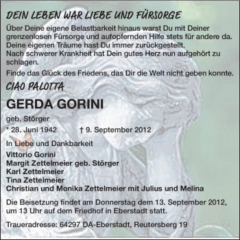 Traueranzeige von Gerda Gorini von Echo-Zeitungen (Gesamtausgabe)