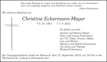 Traueranzeige von Christine Eckermann-Mayer von Darmstädter Echo, Odenwälder Echo, Rüsselsheimer Echo, Groß-Gerauer-Echo, Ried Echo