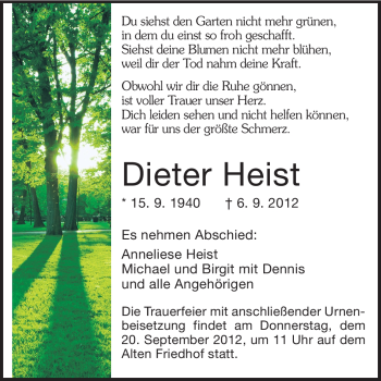 Traueranzeige von Dieter Heist von Echo-Zeitungen (Gesamtausgabe)