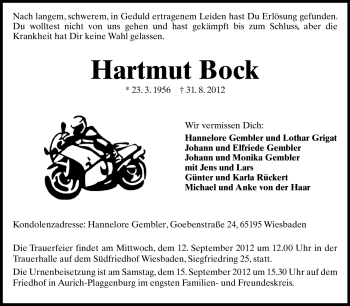 Traueranzeige von Hartmut Bock von Echo-Zeitungen (Gesamtausgabe)