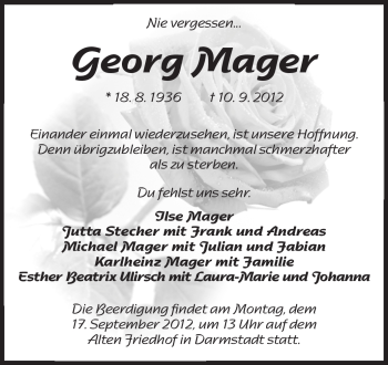 Traueranzeige von Georg Mager von Echo-Zeitungen (Gesamtausgabe)