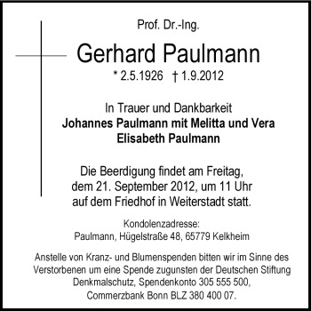 Traueranzeige von Gerhard Paulmann von Echo-Zeitungen (Gesamtausgabe)