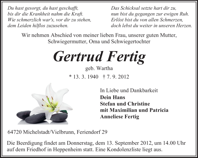  Traueranzeige für Gertrud Fertig vom 11.09.2012 aus Echo-Zeitungen (Gesamtausgabe)