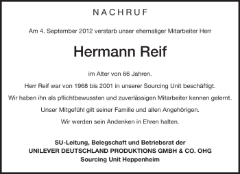 Traueranzeige von Hermann Reif von Starkenburger Echo