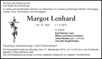 Traueranzeige von Margot Lenhard von Echo-Zeitungen (Gesamtausgabe)