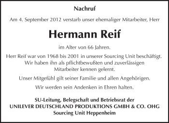 Traueranzeige von Hermann Reif von Starkenburger Echo