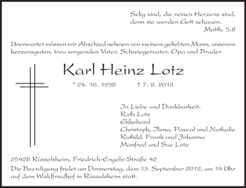 Traueranzeige von Karl Heinz Lotz von Rüsselsheimer Echo, Groß-Gerauer-Echo, Ried Echo
