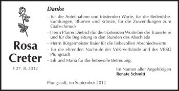 Traueranzeige von Rosa Creter von Echo-Zeitungen (Gesamtausgabe)