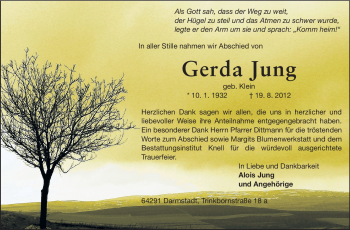 Traueranzeige von Gerda Jung von Darmstädter Echo, Odenwälder Echo, Rüsselsheimer Echo, Groß-Gerauer-Echo, Ried Echo