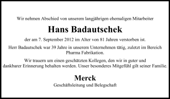 Traueranzeige von Hans Badautschek von Echo-Zeitungen (Gesamtausgabe)