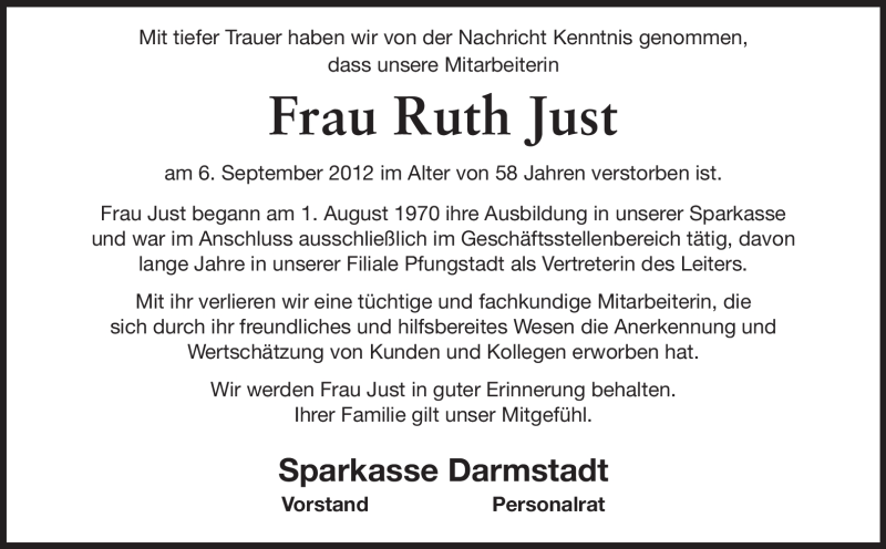  Traueranzeige für Ruth Just vom 12.09.2012 aus Echo-Zeitungen (Gesamtausgabe)