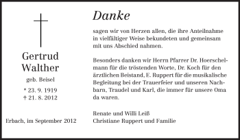 Traueranzeige von Gertrud Walther von Odenwälder Echo