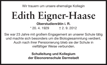 Traueranzeige von Edith Eigner-Haas von Darmstädter Echo, Odenwälder Echo, Rüsselsheimer Echo, Groß-Gerauer-Echo, Ried Echo
