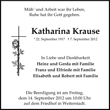 Traueranzeige von Katharina Krause von Echo-Zeitungen (Gesamtausgabe)