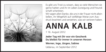 Traueranzeige von Anna Kalb von Echo-Zeitungen (Gesamtausgabe)