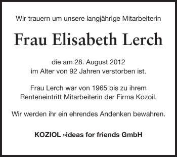 Traueranzeige von Elisabeth Lerch von Odenwälder Echo
