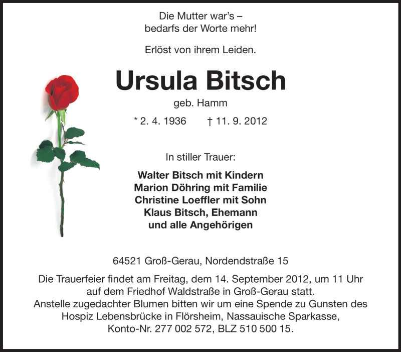  Traueranzeige für Ursula Bitsch vom 13.09.2012 aus Rüsselsheimer Echo, Groß-Gerauer-Echo, Ried Echo