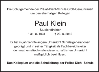 Traueranzeige von Paul Klein von Rüsselsheimer Echo, Groß-Gerauer-Echo, Ried Echo